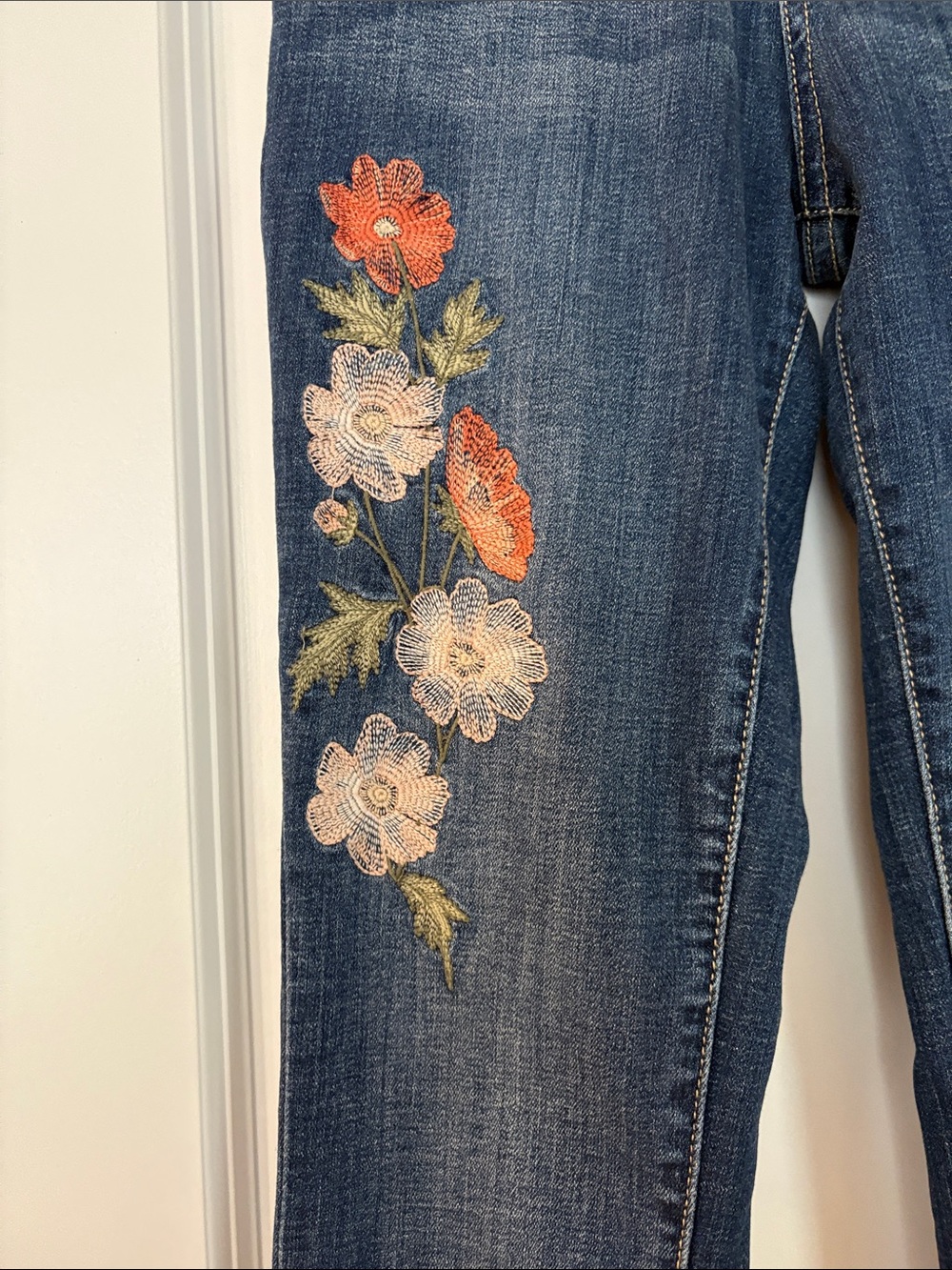Jag Jeans Dark Blue Skinny Jeans with Orange & White Floral Embroidery - Picture 3 of 7